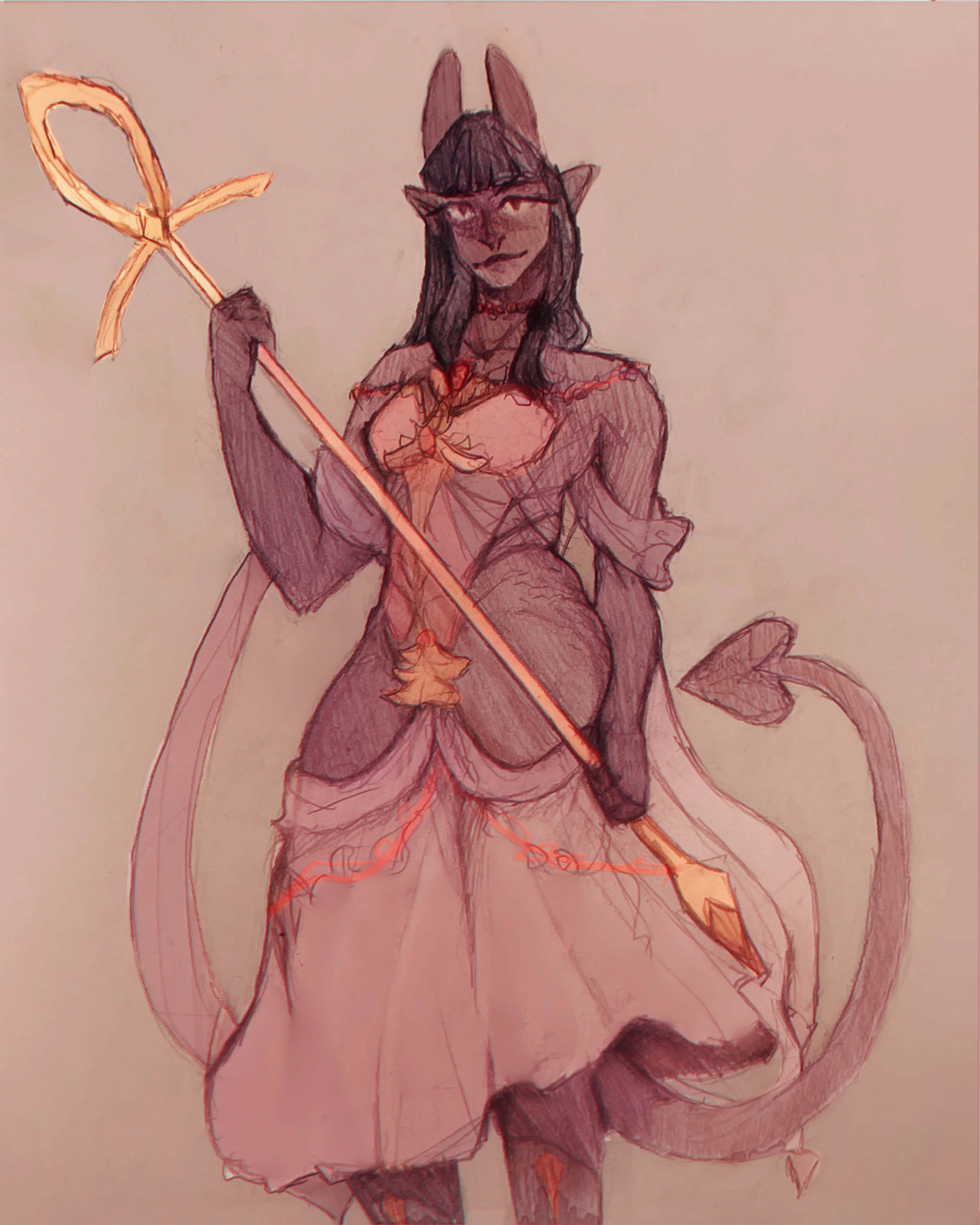 A badass, dark-skinned cat lady with long black hair and a sleek tail rocks an ancient Egyptian getup. She's holding a golden ankh staff, decked out in a detailed, flowing pink dress with gold bling. The backdrop is a soft beige.